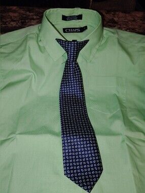 NWT 7 Chaps Boys Long Sleeve Dress Shirt & Clip-On Tie Set Greengage Mint